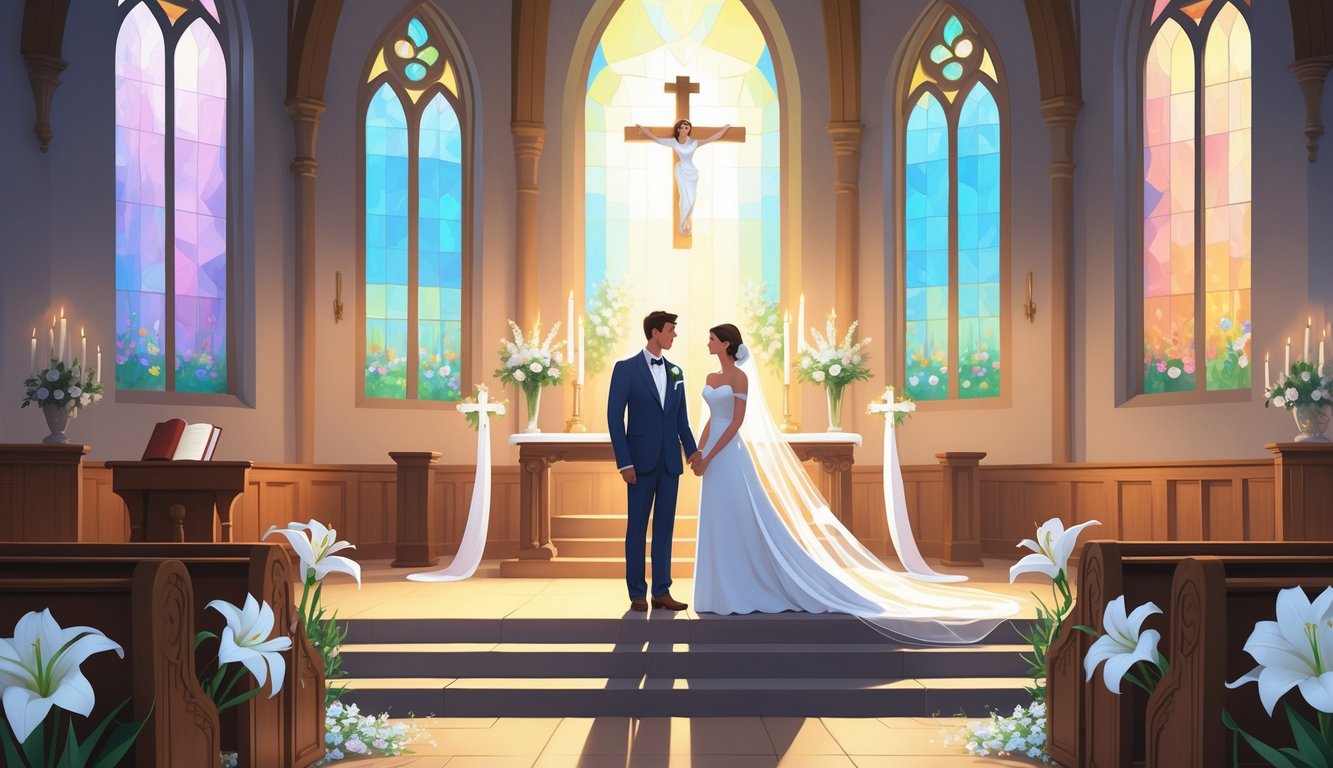 Mladenci stoje zajedno u crkvi ukrašenoj za vjenčanje s križem i cvijećem.