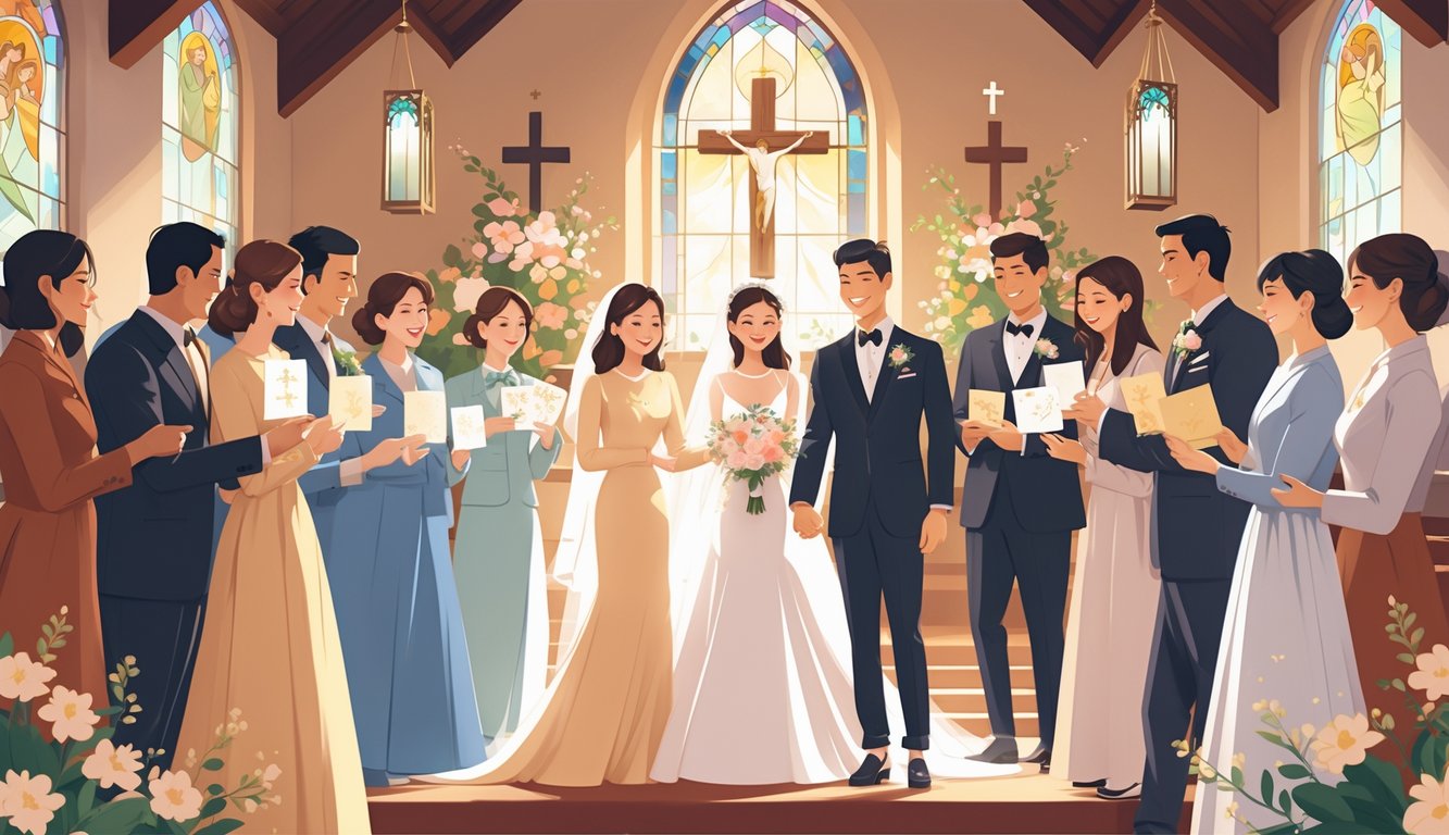 Ljudi u crkvi čestitaju mladencima na vjenčanju, pružajući čestitke i darove.