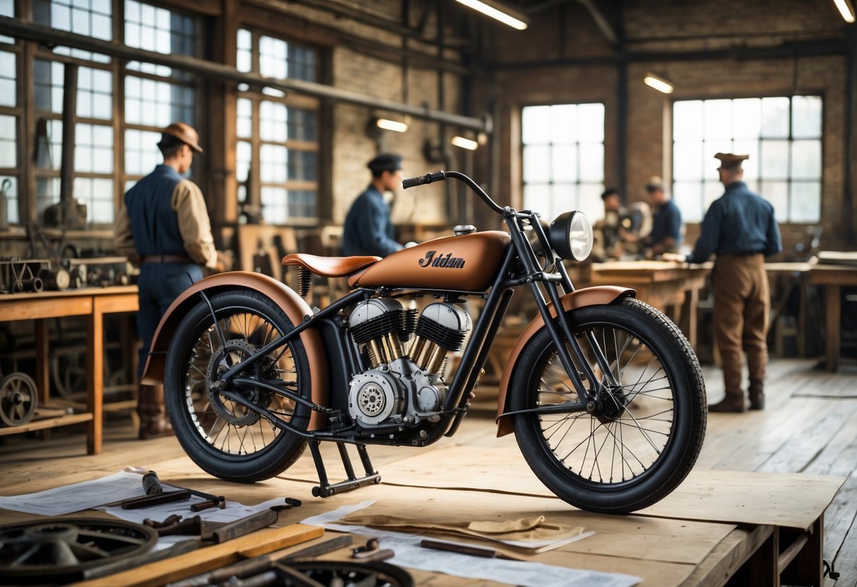 A vintage workshop where craftsmen are assembling an early Indian motorcycle with wooden wheels and a leather seat, surrounded by tools and blueprints.