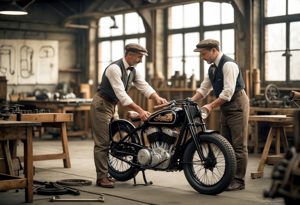 Two early 20th-century men assembling a vintage motorcycle in a workshop filled with tools and blueprints.