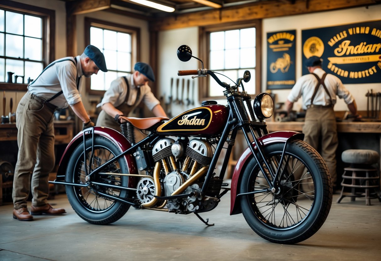 A vintage Indian motorcycle in a workshop with mechanics working on it, surrounded by tools and wooden beams.