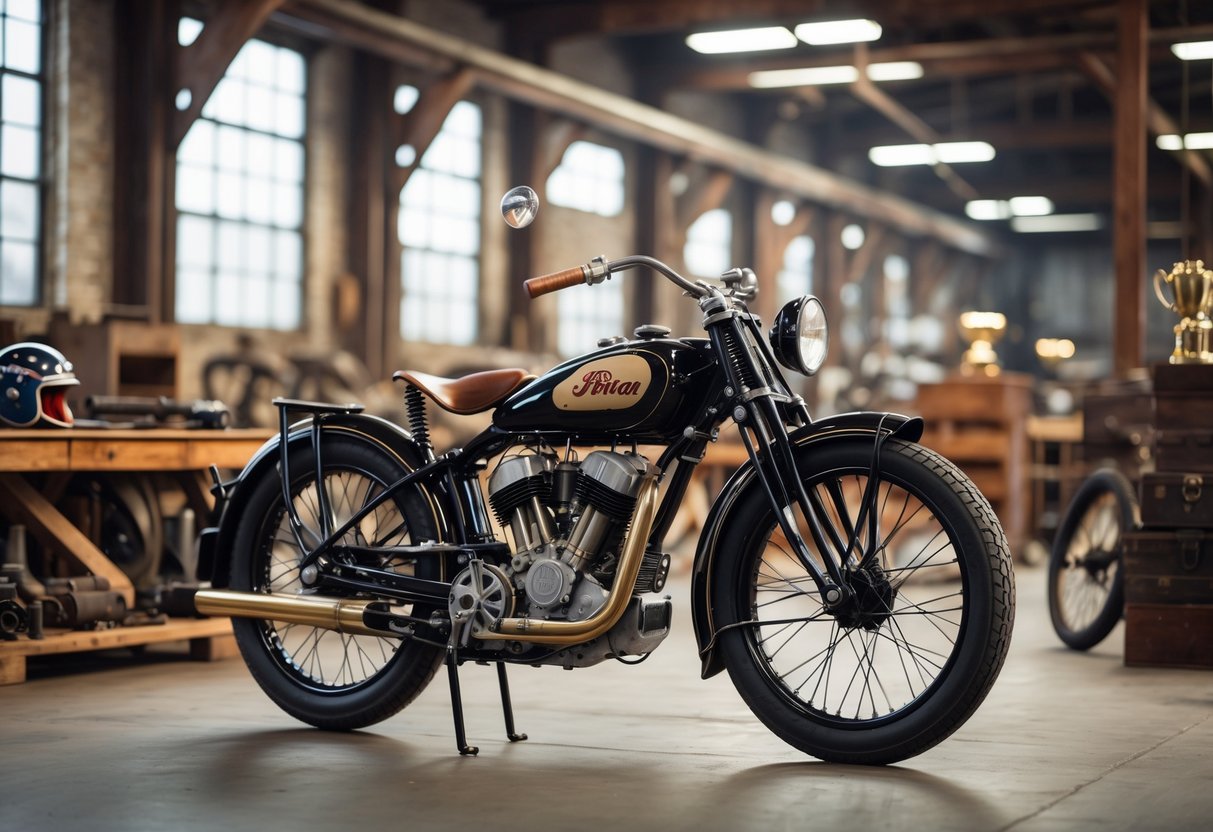 A vintage Indian motorcycle displayed in a historic workshop with tools and racing memorabilia in the background.