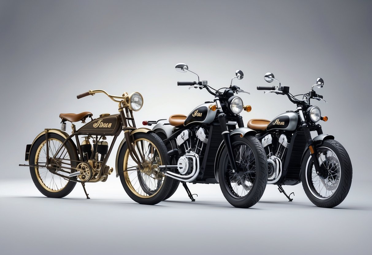 Three Indian motorcycles from different time periods displayed side by side in a studio setting.
