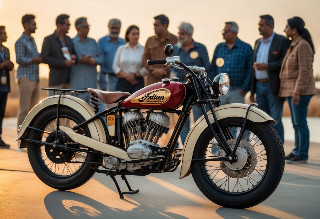 A vintage Indian motorcycle displayed outdoors with a diverse group of people admiring it, surrounded by historical motorcycle memorabilia.