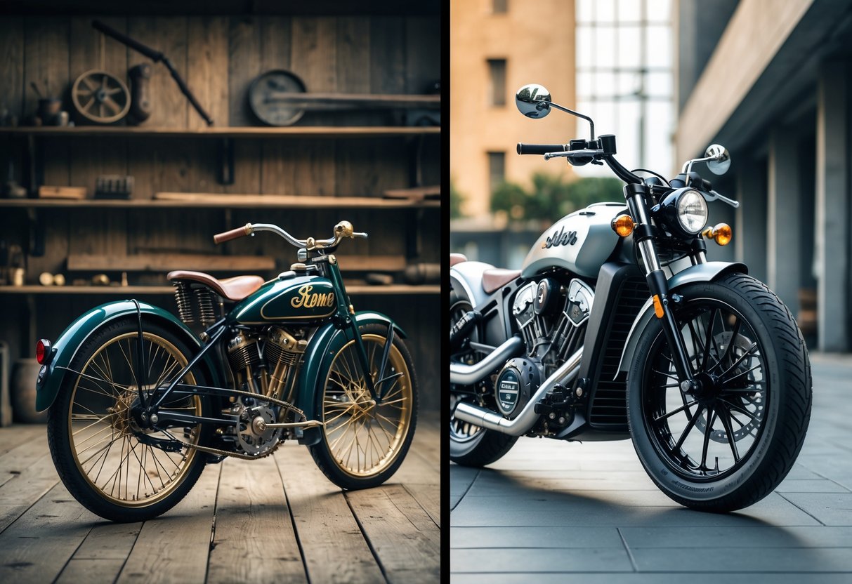 A split image showing an early 1900s vintage Indian motorcycle in a rustic workshop on the left and a modern Indian motorcycle in a contemporary urban setting on the right.