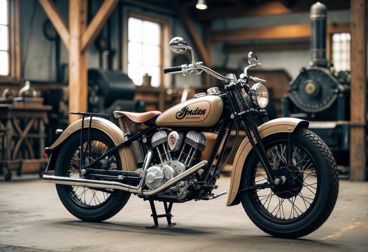 A vintage Indian motorcycle displayed in an old workshop with antique tools and machinery in the background.