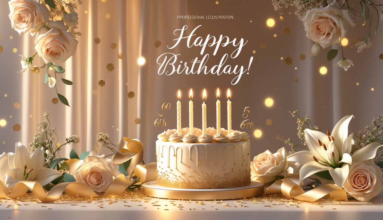 Scena s lijepo ukrašenom rođendanskom tortom s šest svijeća, cvijećem i blagim zlatnim ukrasima u toplom svjetlu.