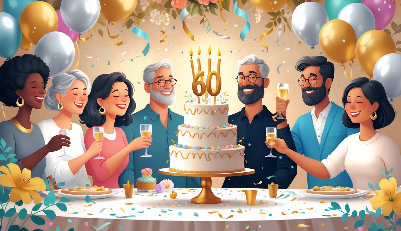 Scena proslave 60. rođendana s tortom, balonima i ljudima koji nazdravljaju.
