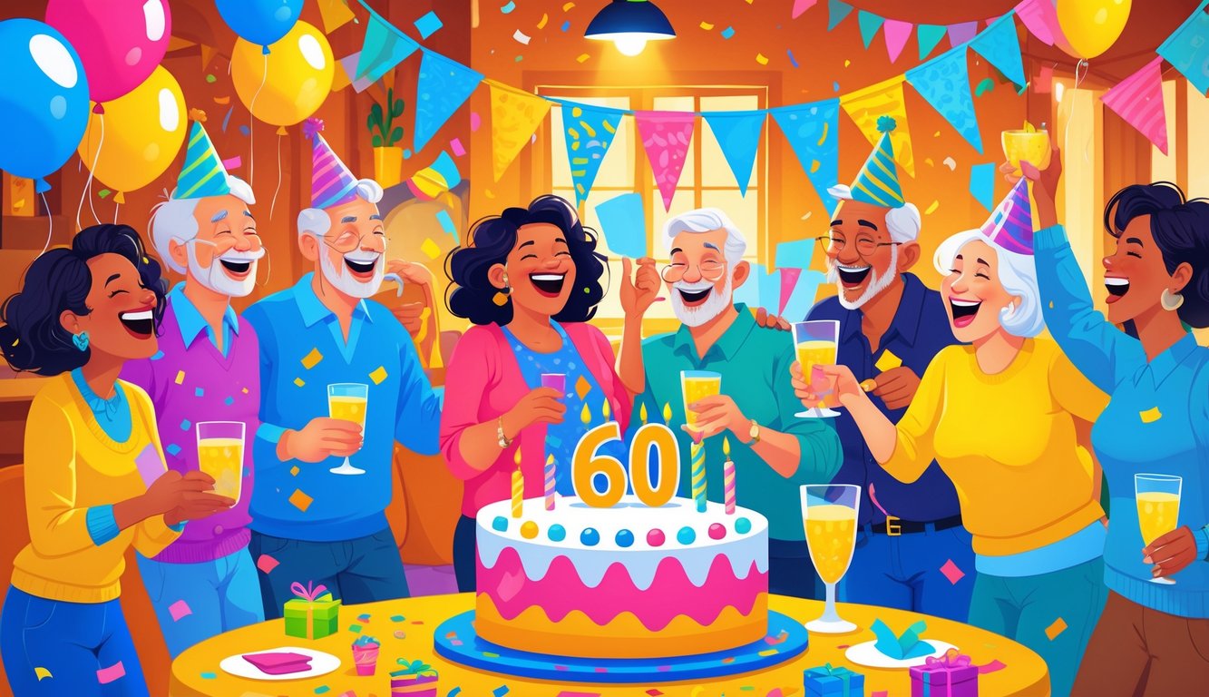 Skupina ljudi na zabavi za 60. rođendan s tortom, balonima i ukrasima, svi se smiju i zabavljaju.