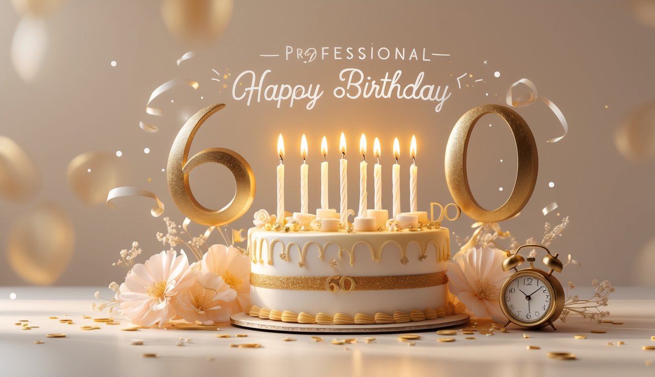 Scena proslave 60. rođendana s tortom, svijećama i cvijećem u toplom okruženju.