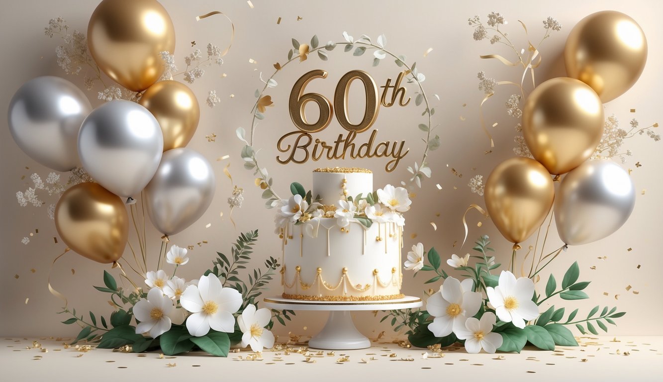 Prikaz torte s brojem 60, okružene balonima i cvijećem, u svečanoj atmosferi za 60. rođendan.