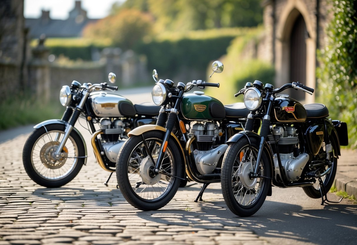 Three classic British motorcycles from Triumph, BSA, and Norton parked side by side outdoors on a sunny day.
