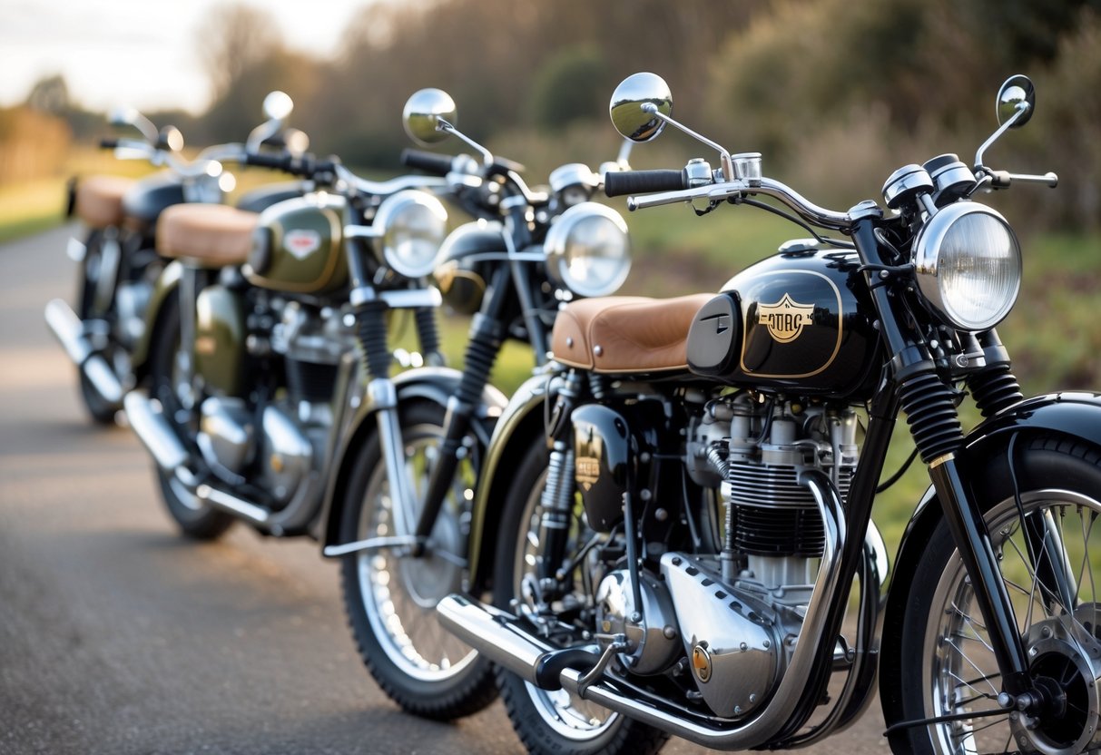 A lineup of classic British motorcycles from Triumph, BSA, and Norton parked outdoors with a blurred countryside background.