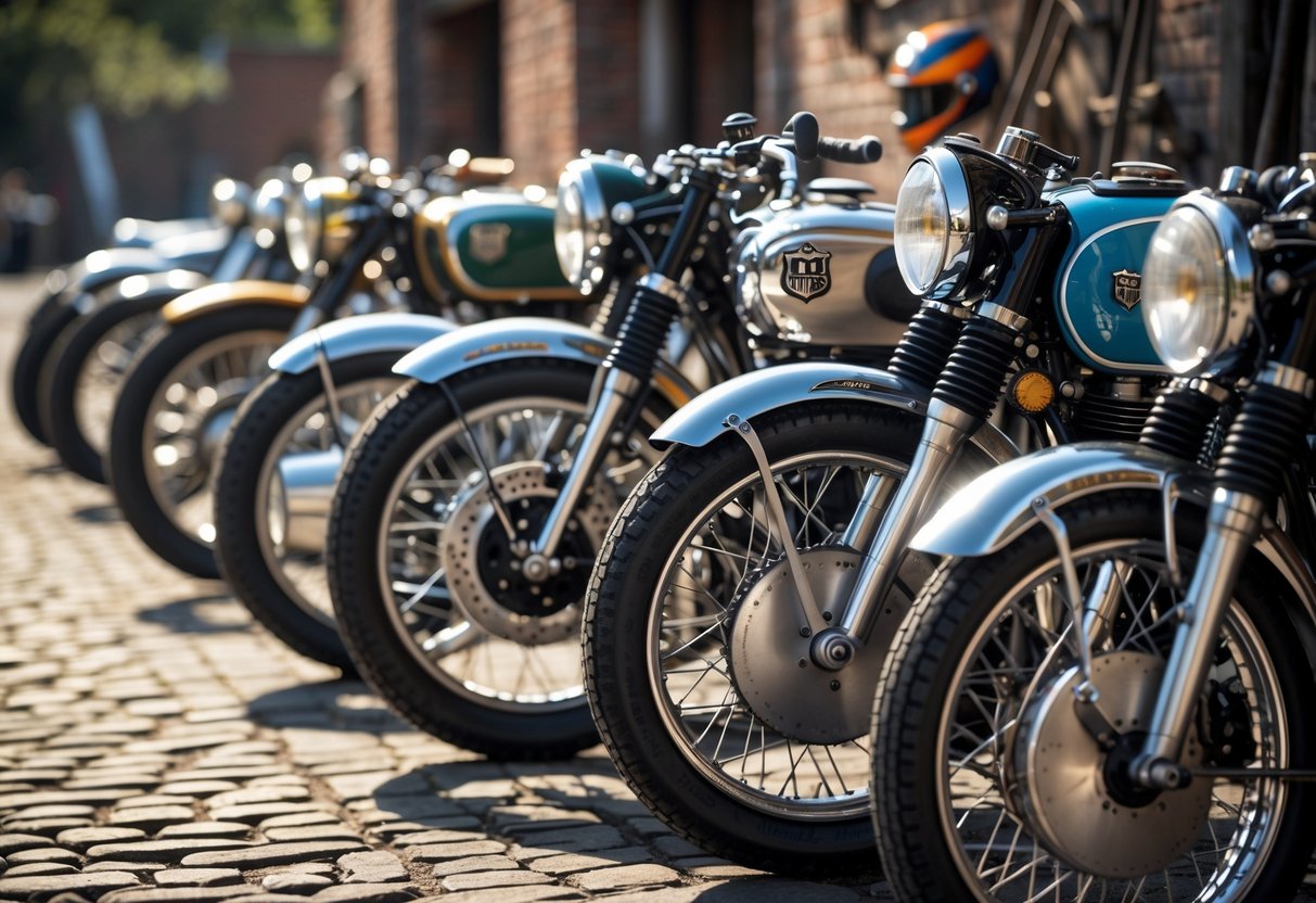 Three classic British motorcycles from Triumph, BSA, and Norton displayed outdoors with detailed chrome and vintage design elements.