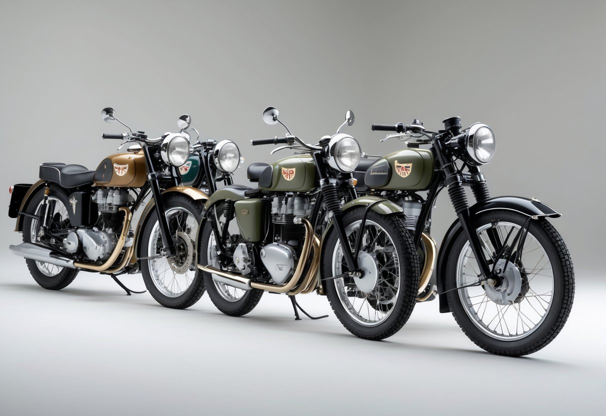 A lineup of three classic British motorcycles from Triumph, BSA, and Norton displayed side by side on a neutral background.
