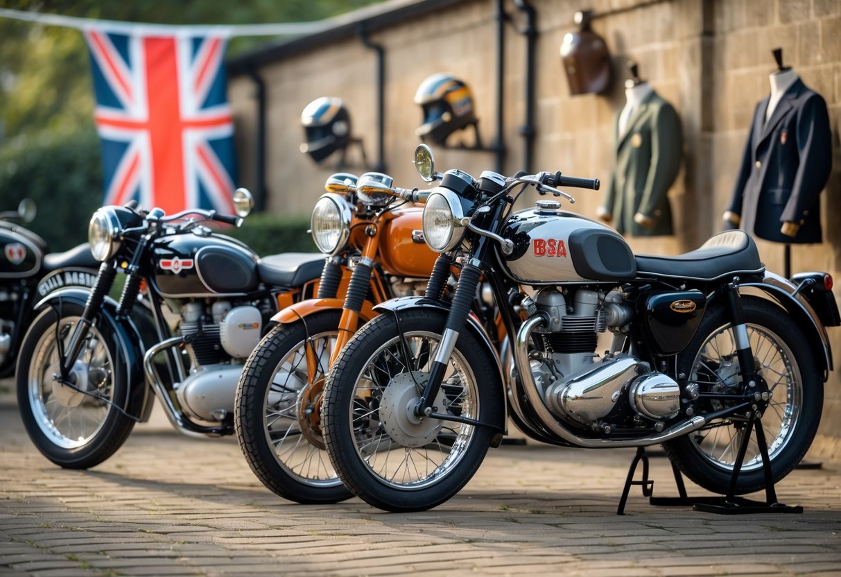 Three classic British motorcycles, a Triumph, a BSA, and a Norton, displayed outdoors with vintage motorcycle gear and a Union Jack flag in the background.