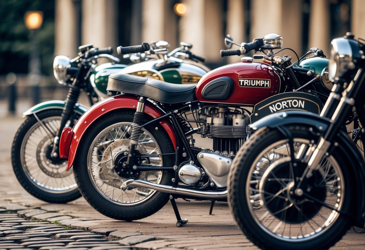 Three classic British motorcycles from Triumph, BSA, and Norton parked outdoors with a blurred historic background.
