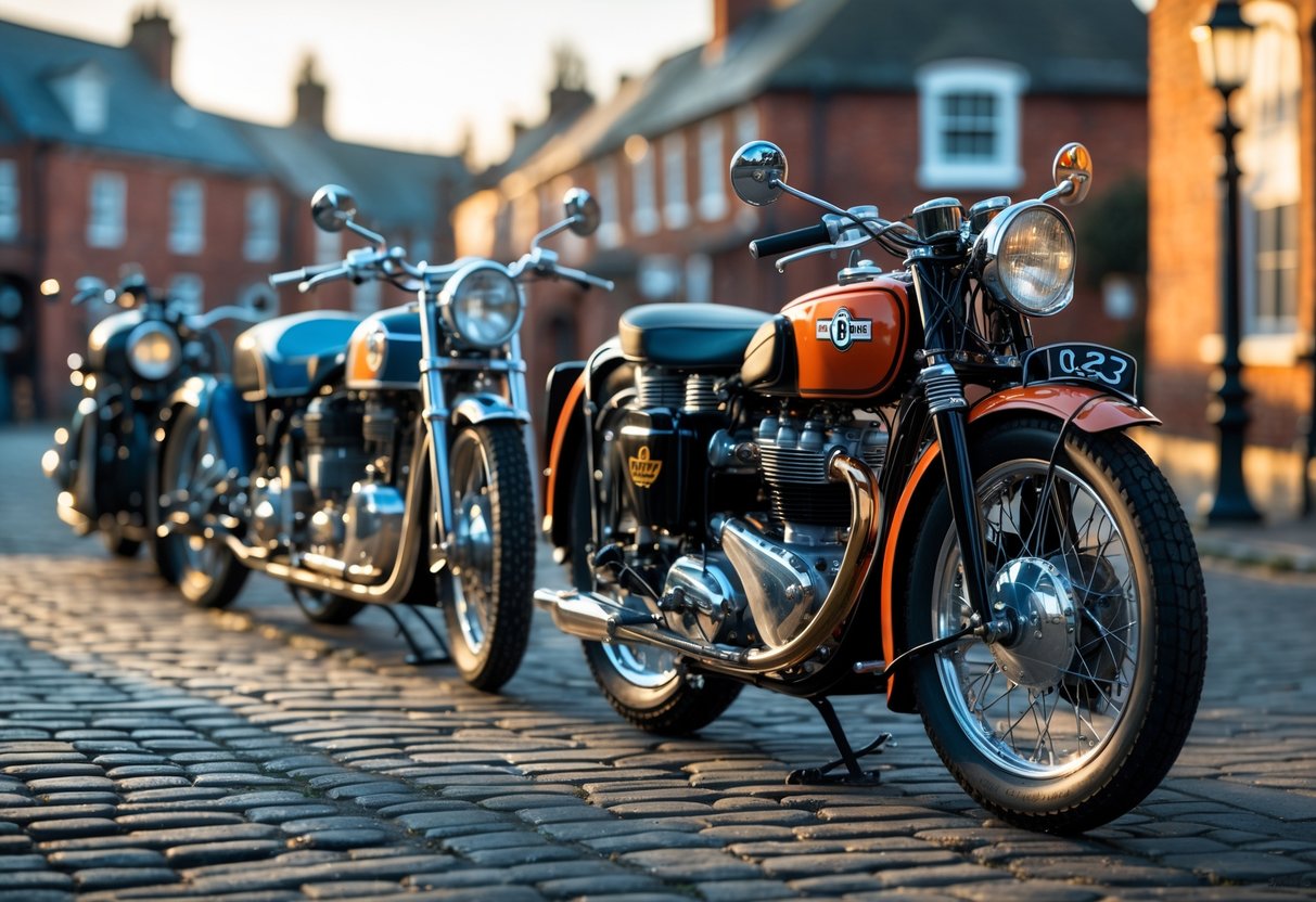 A collection of classic British motorcycles from Triumph, BSA, and Norton parked on a cobblestone street with historic buildings in the background.