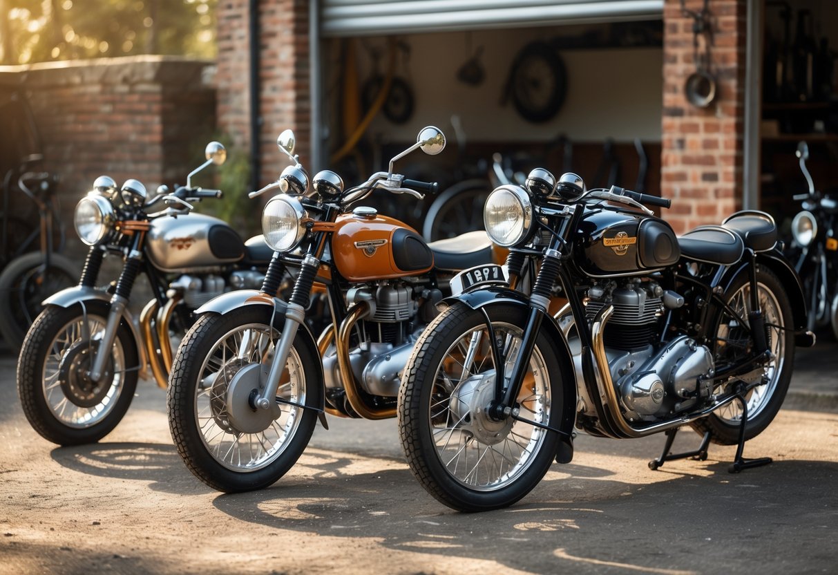 Three classic British motorcycles from Triumph, BSA, and Norton displayed outdoors near a rustic brick wall and old garage.