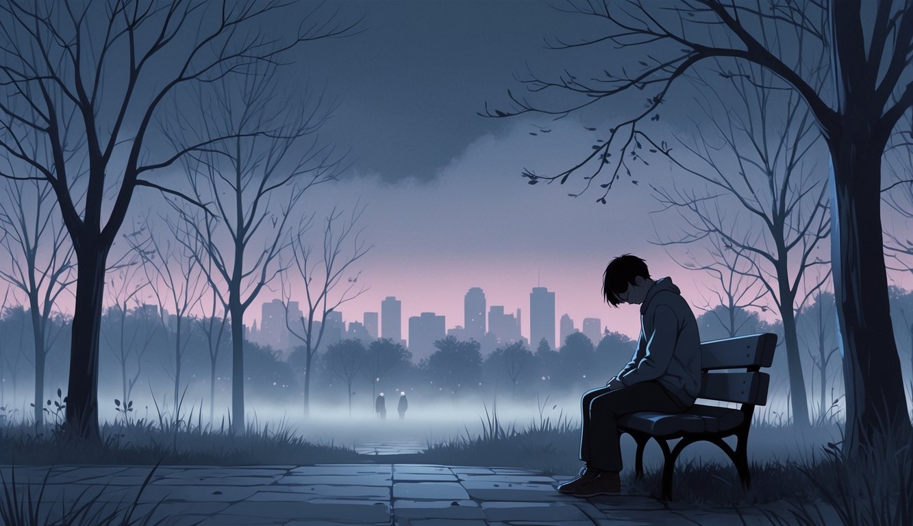 Osoba sjedi sama na klupi u parku u sumrak, okružena golim drvećem i maglom, s glavom spuštenom u znak tuge.