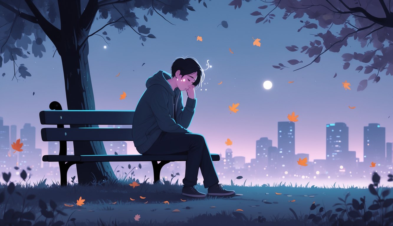 Osoba sjedi sama na klupi u parku u sumrak, tužnog izraza lica i suznih očiju, okružena padajućim jesenskim lišćem.
