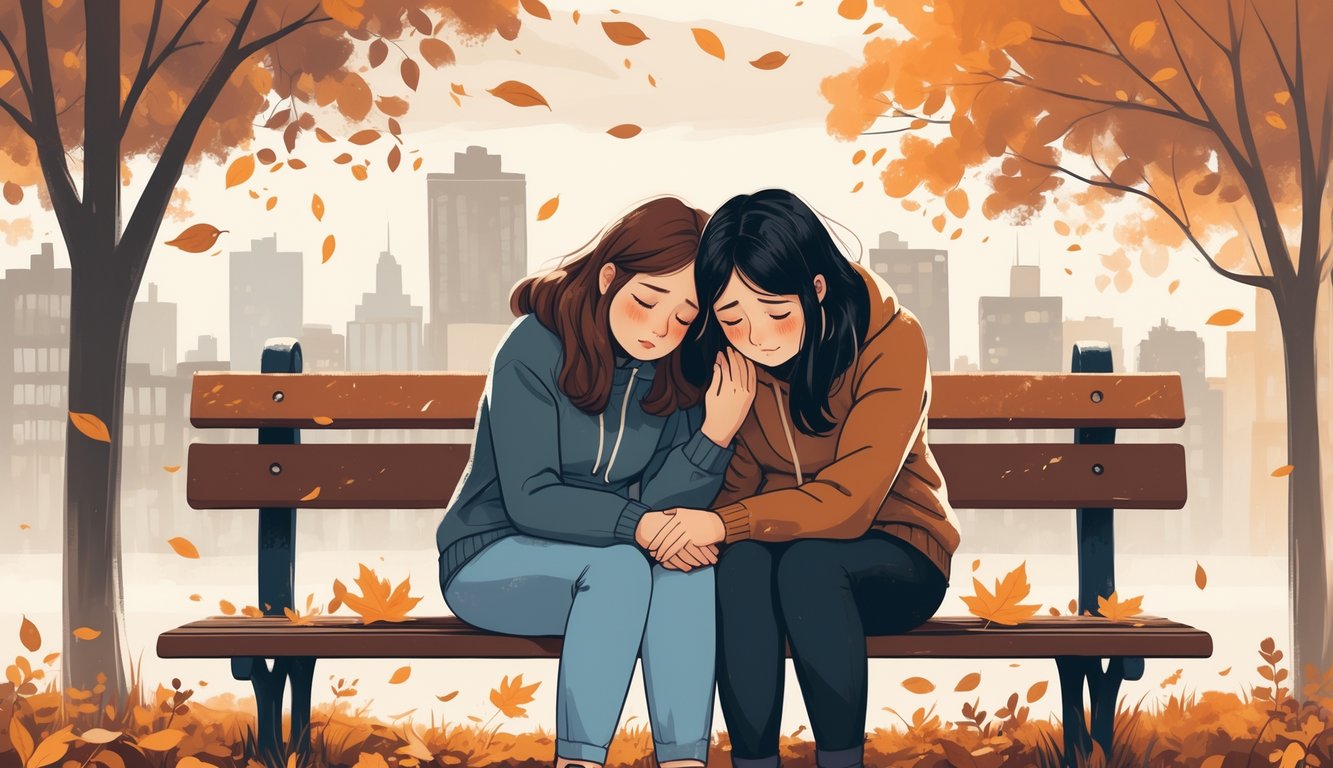 Dva prijatelja sjede na klupi u parku okruženi jesenskim lišćem, jedan tješi drugoga koji je tužan.