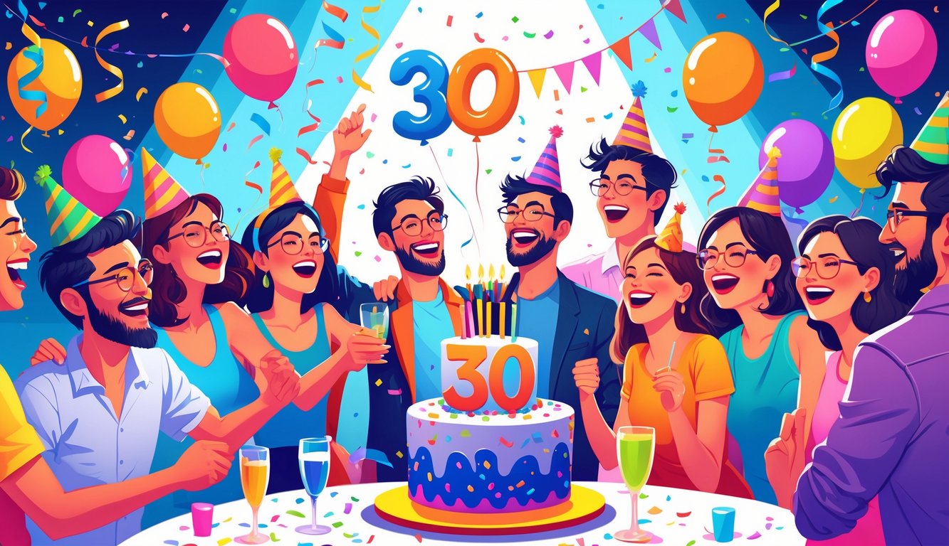 Grupa ljudi slavi trideseti rođendan na zabavi s balonima, konfetama i velikom tortom s brojem 30.