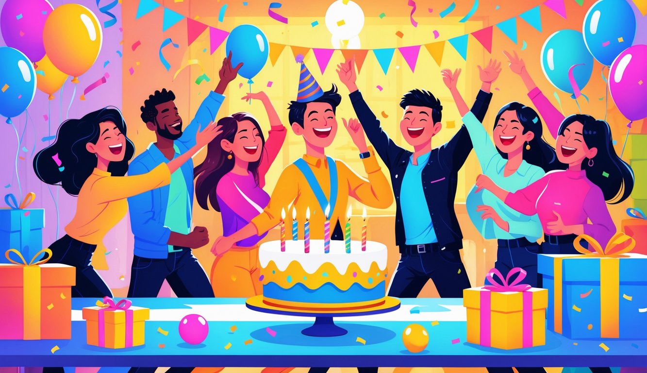 Skupina prijatelja slavi 30. rođendan, s balonima, tortom i ukrasima u veseloj atmosferi.