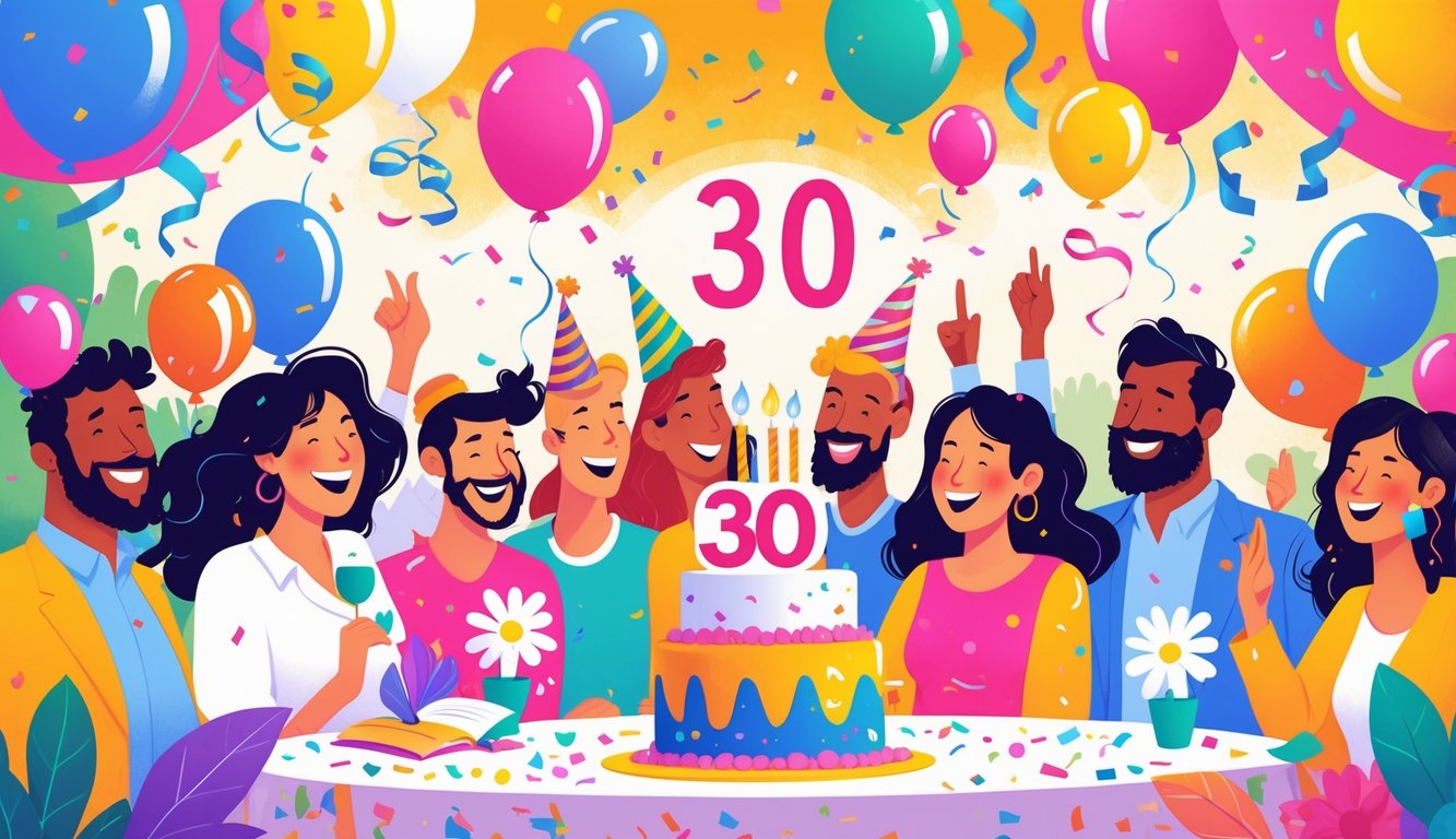 Skupina ljudi na proslavi 30. rođendana s tortom, balonima i ukrasima u veselom okruženju.