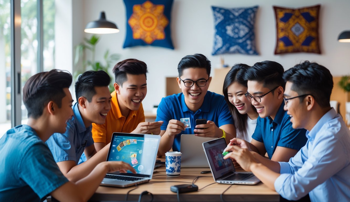 Sekelompok orang muda sedang bermain permainan kartu online di laptop dan ponsel di sebuah ruangan dengan dekorasi batik Indonesia.