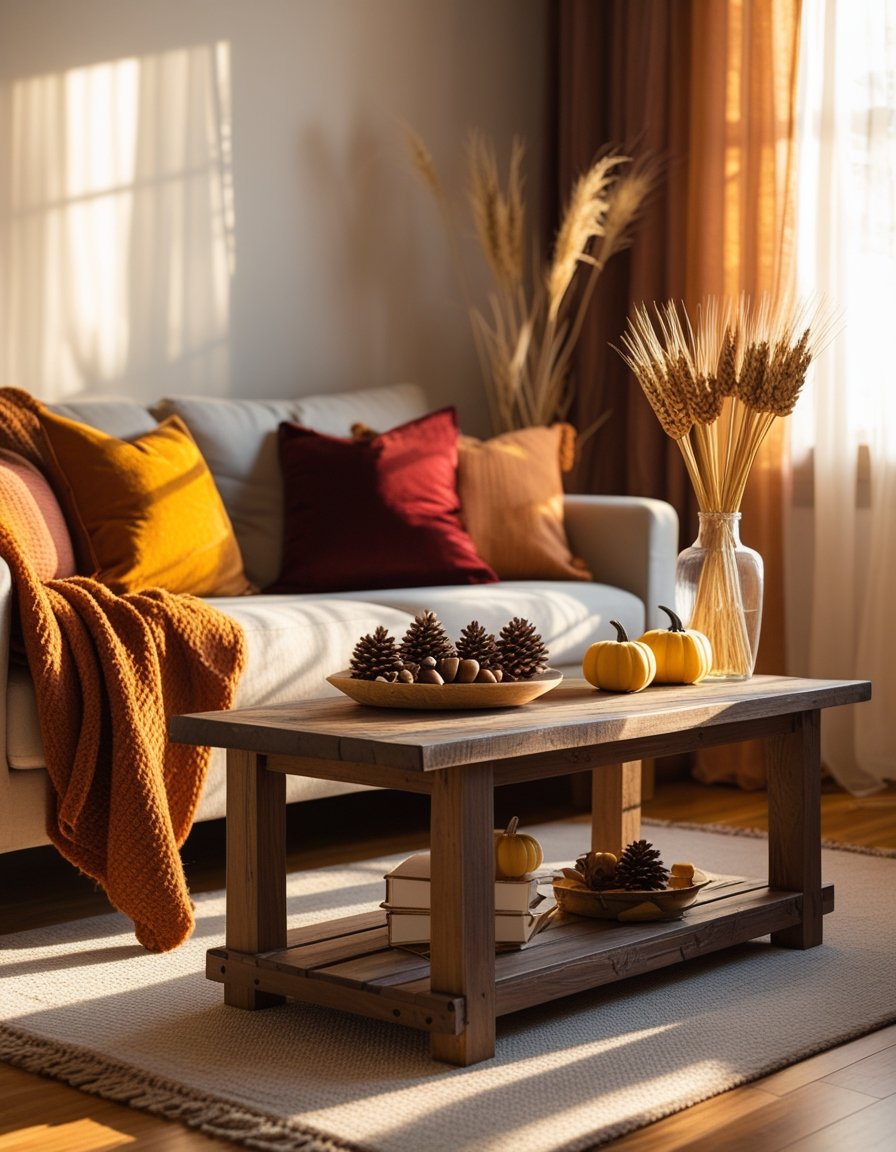 A living room with a sofa, warm fall-colored pillows, a coffee table with small pumpkins and pinecones, and sunlight coming through curtains.