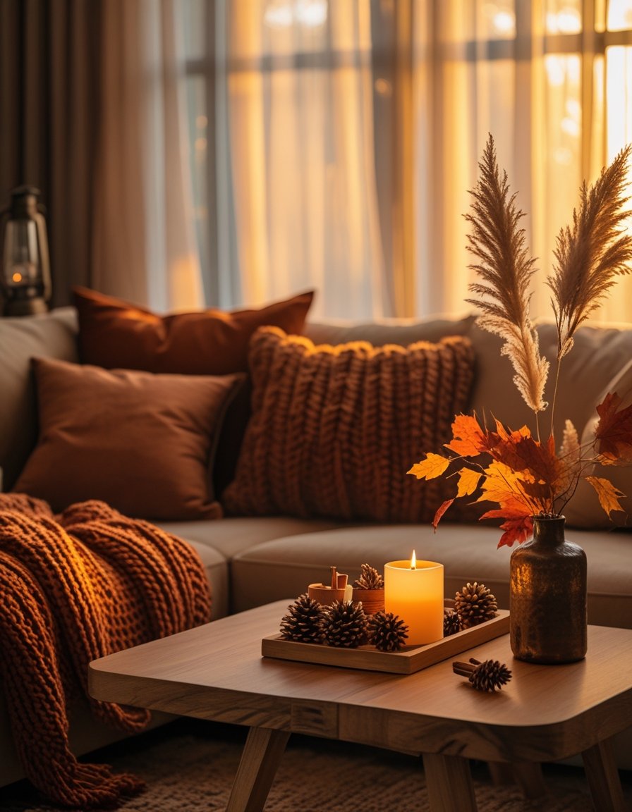 A warm and cozy living room with a sofa, autumn-colored pillows, a lit candle on a coffee table, dried plants, and soft sunlight filtering through curtains.