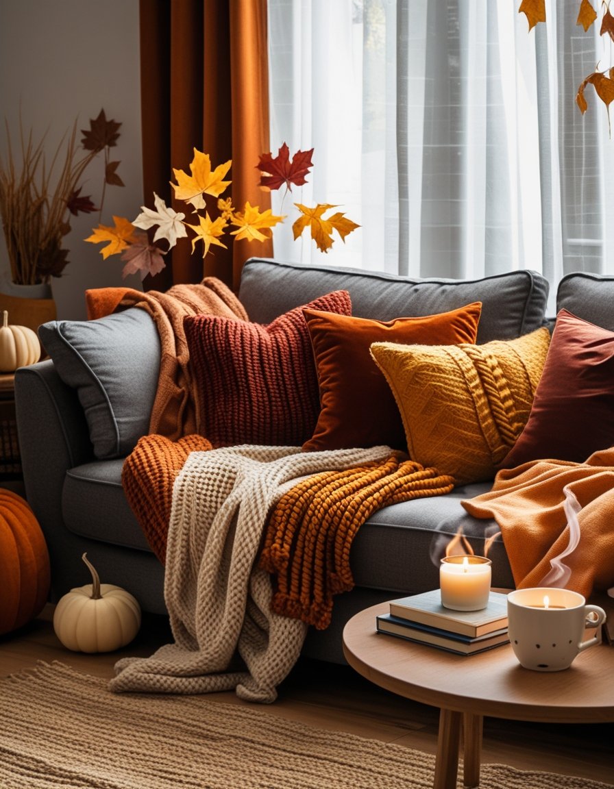 A living room with a sofa covered in layered blankets and cushions in warm autumn colors, a wooden coffee table with a lit candle and mug, and soft natural light creating a cozy atmosphere.