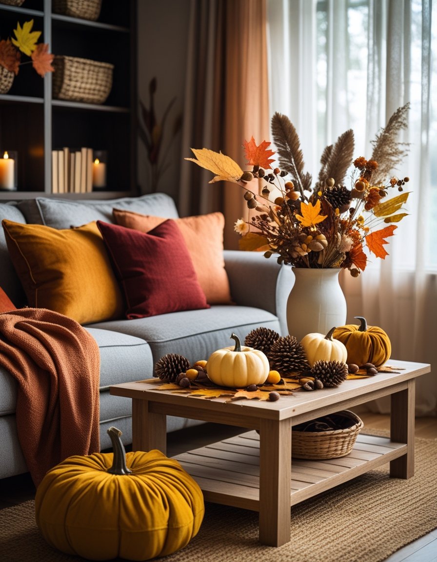 A living room decorated with autumn leaves, pumpkins, pinecones, and cozy blankets creating a warm fall atmosphere.