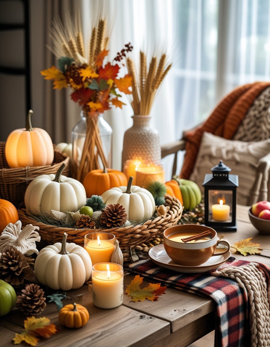 A cozy indoor scene with fall decorations including pumpkins, candles, a knit blanket, dried flowers, books, a mug of cider, and autumn leaves arranged on a wooden table near a window.