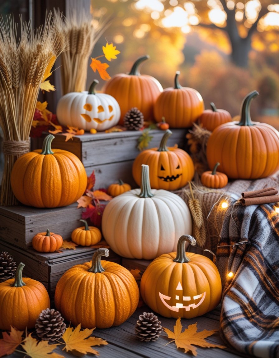 A variety of pumpkins arranged with fall leaves, pinecones, and cozy blankets in a warm autumn setting.