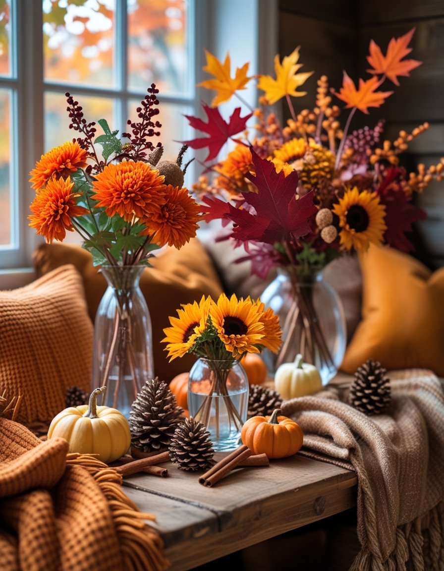 A cozy indoor table decorated with autumn flowers, pumpkins, pinecones, and warm-colored blankets near a window with fall foliage outside.