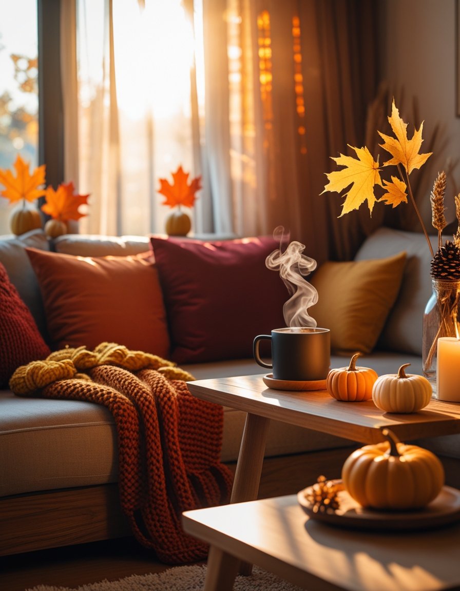 A living room with warm autumn lighting, featuring a cozy seating area, fall-colored cushions, a wooden coffee table with a mug and autumn leaves, and soft sunlight coming through the window.