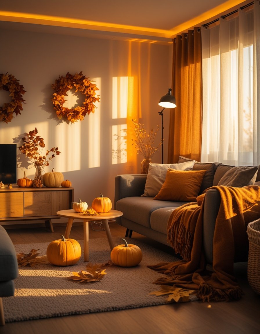A cozy living room with warm amber lighting, autumn decorations like pumpkins and dried leaves, and soft blankets on a sofa.