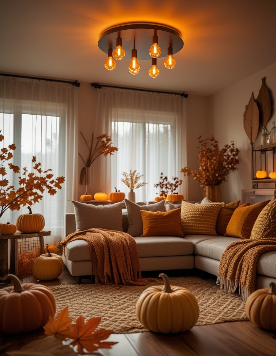 A cozy living room illuminated by warm amber light with fall decorations like pumpkins and dried leaves.