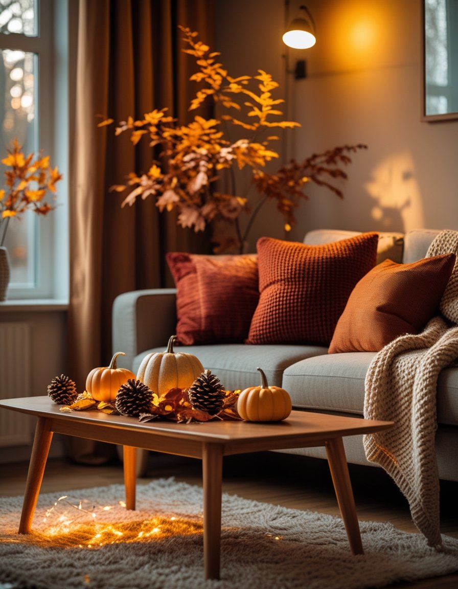 A living room with warm lighting, autumn-colored pillows, a knitted blanket, and seasonal decorations like pine cones and pumpkins on a wooden table.