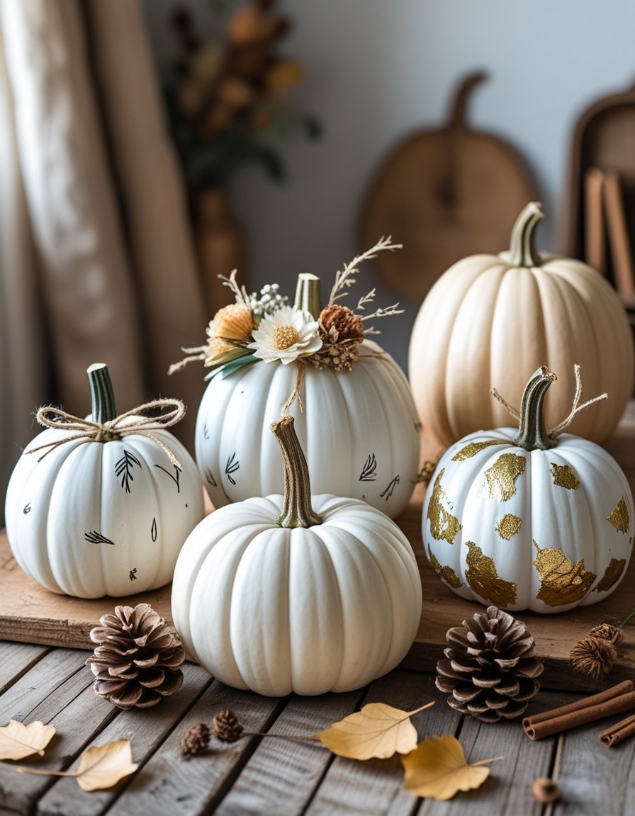 Five decorated pumpkins with simple accents arranged on a wooden table surrounded by autumn leaves and natural elements.