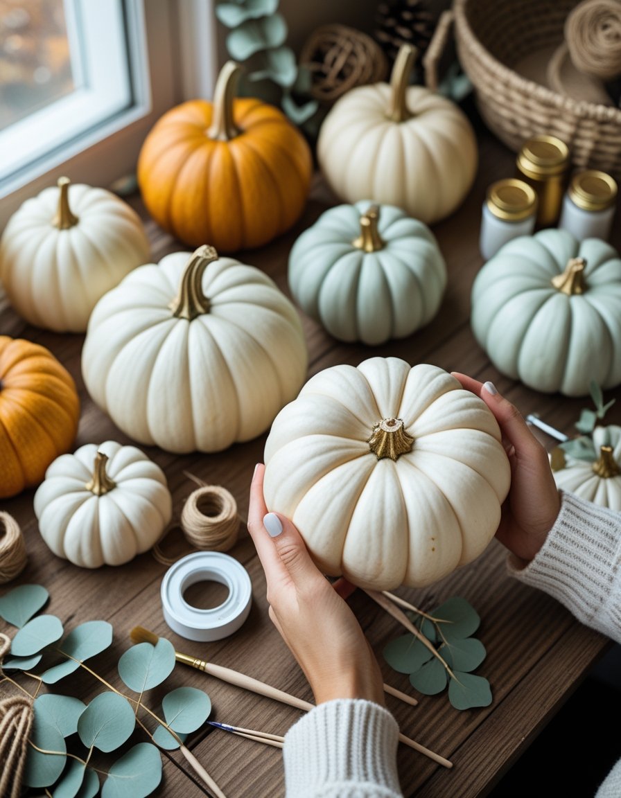Hands holding a white pumpkin on a wooden table surrounded by various pumpkins and crafting supplies in a warm autumn setting.