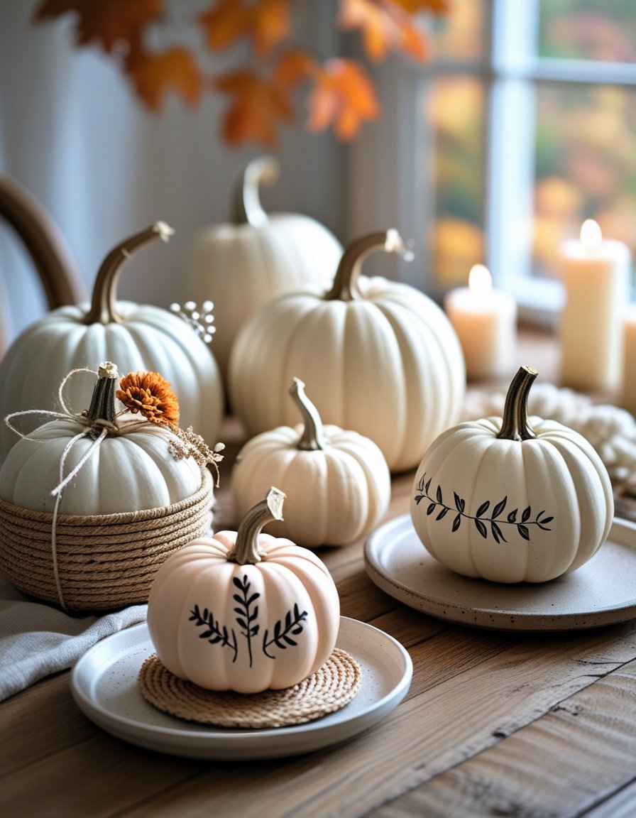 A rustic wooden table displaying five decorated pumpkins with natural elements like twine, dried flowers, and leaves, arranged attractively with soft autumn lighting.