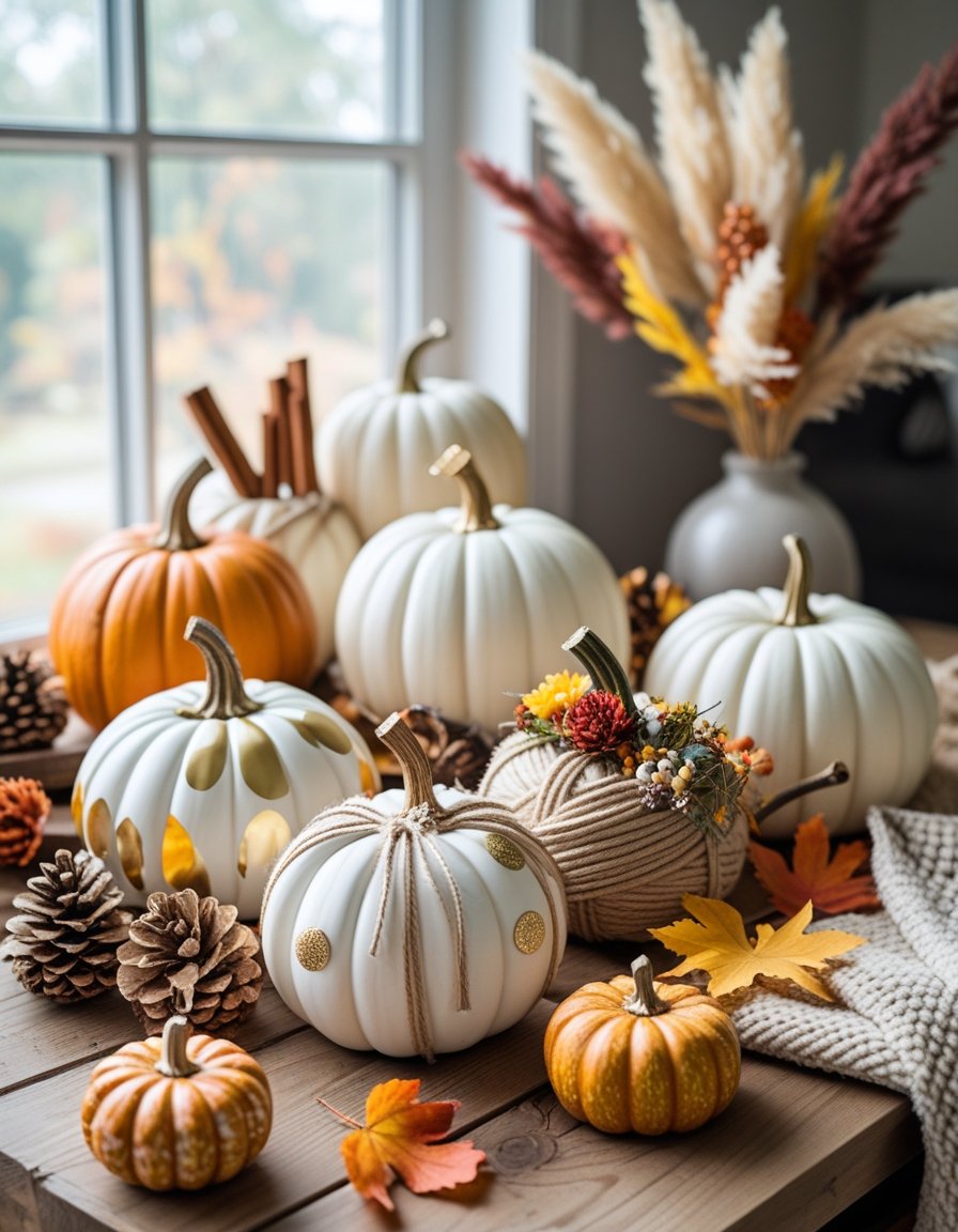 A table with various decorated pumpkins and autumn decorations including leaves, pine cones, and dried flowers.