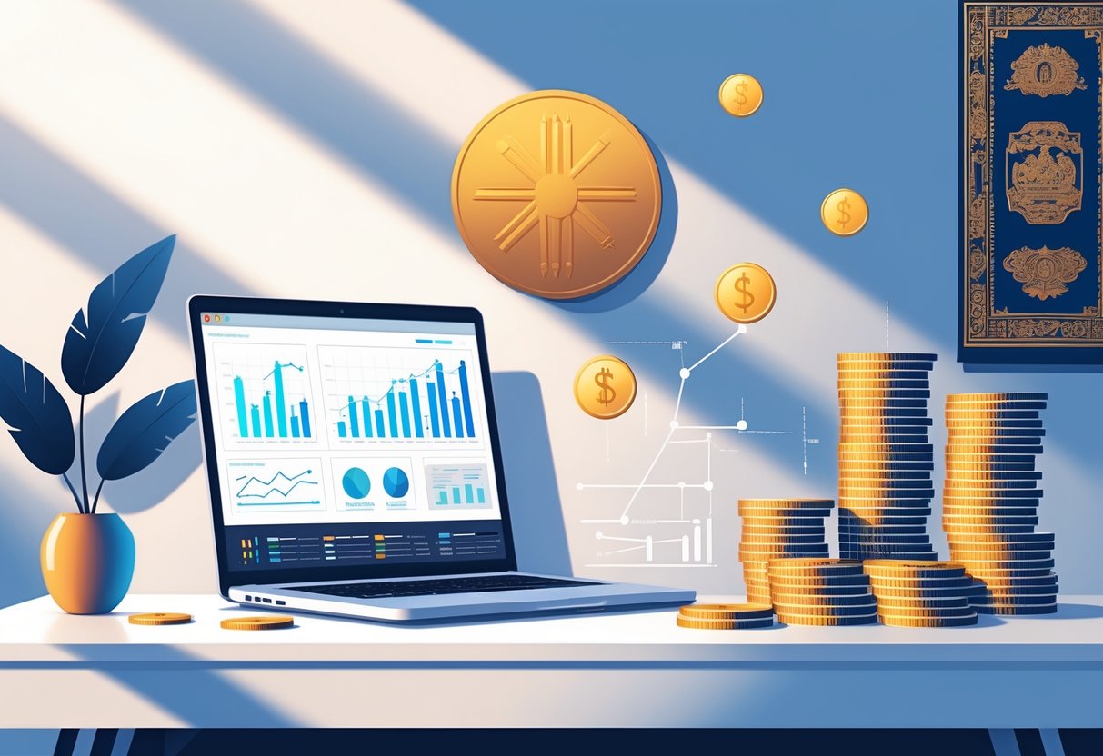 Sebuah ruang kerja modern dengan laptop yang menampilkan grafik keuangan dan tumpukan uang rupiah di atas meja.