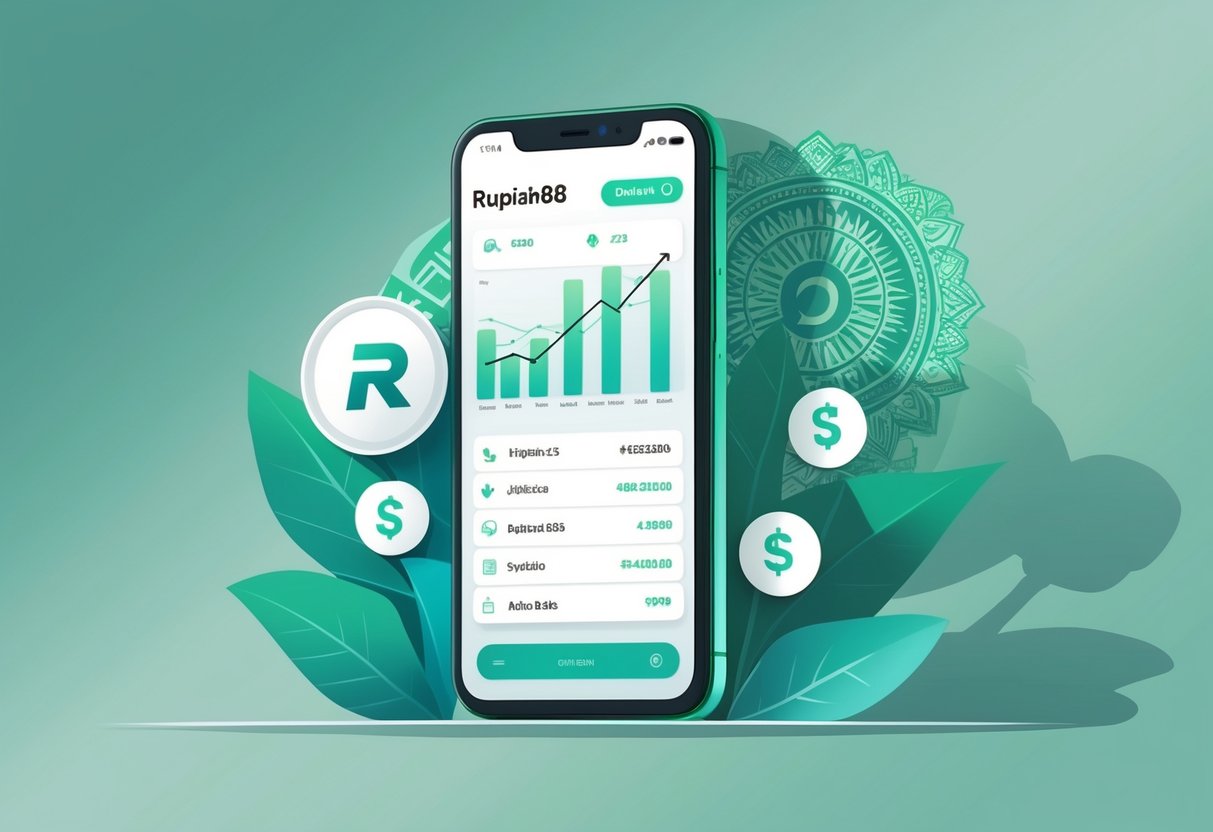 Ilustrasi sebuah ponsel pintar dengan layar menampilkan grafik keuangan dan ikon transaksi digital, dikelilingi oleh elemen budaya Indonesia seperti bayangan Garuda dan pola batik.