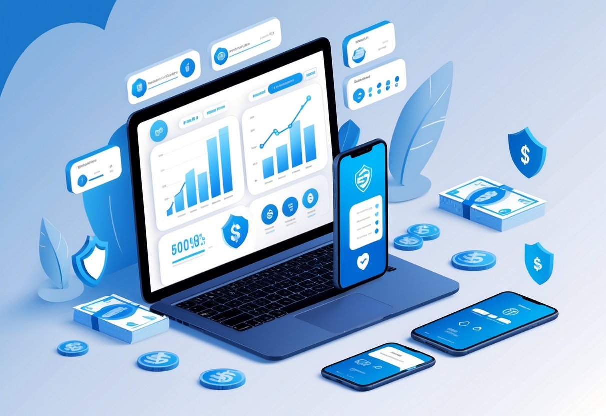 Ilustrasi profesional yang menampilkan layanan keuangan dengan laptop, smartphone, dan ikon transaksi uang.