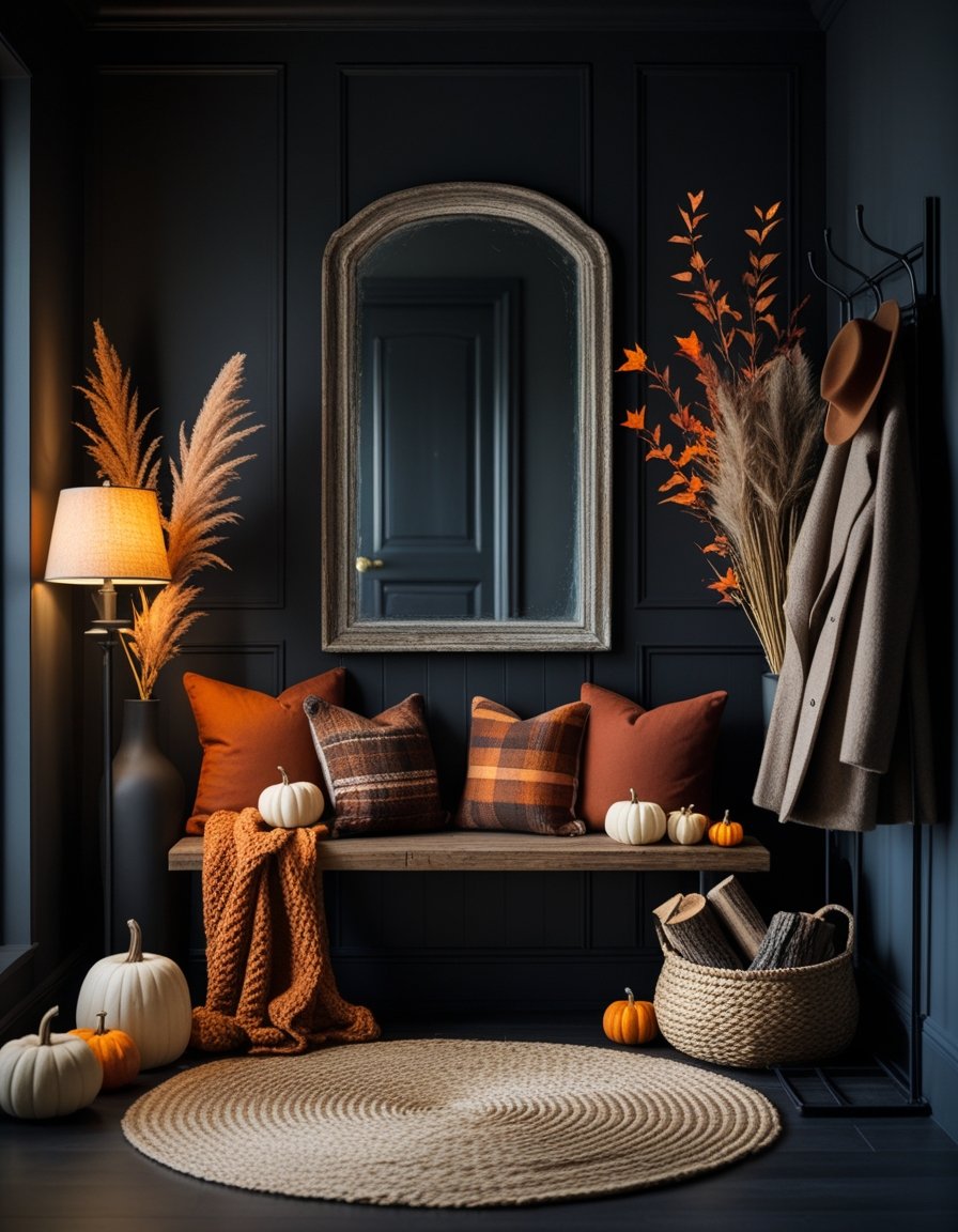 An entryway with a wooden bench, cushions, dried plants, a coat rack with a hat and coat, and autumn decorations.
