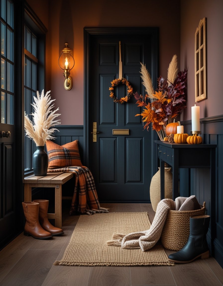 An entryway with a dark wooden door, a wooden bench with cushions and a plaid blanket, a vase with dried grass and autumn leaves, a rug, boots, and fall decorations like pumpkins and candles.
